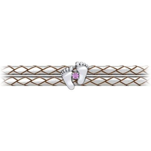 Sterling Silver Baby Feet Leather Bracelet With Birthstone – Sterling Silver with Amethyst