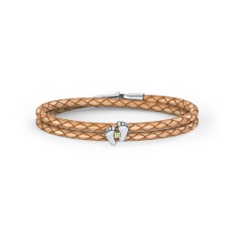 Sterling Silver Baby Feet Leather Bracelet With Birthstone