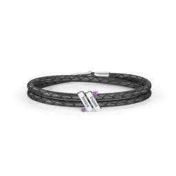 Engravable Sterling Silver Diagonal Bar Leather Bracelet with Gemstones in 925 Sterling Silver with Amethyst
