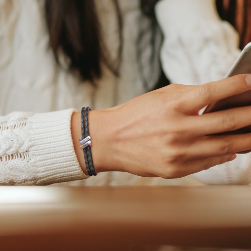 Engravable Sterling Silver Diagonal Bar Leather Bracelet with Gemstones