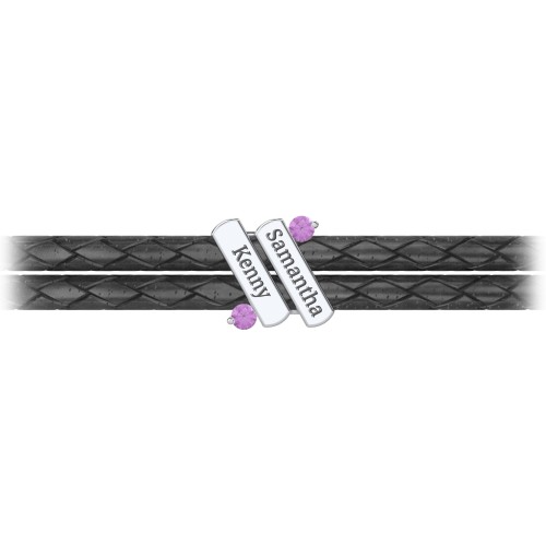 Engravable Sterling Silver Diagonal Bar Leather Bracelet with Gemstones – Sterling Silver with Amethyst