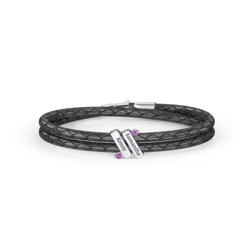 Engravable Sterling Silver Diagonal Bar Leather Bracelet with Gemstones – Sterling Silver with Amethyst