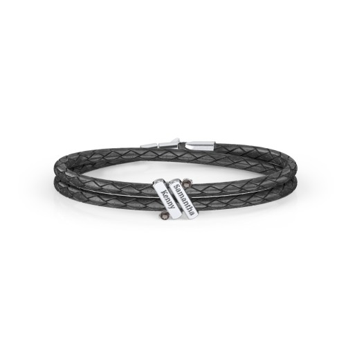 Engravable Sterling Silver Diagonal Bar Leather Bracelet with Gemstones