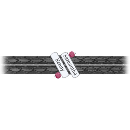 Engravable Sterling Silver Diagonal Bar Leather Bracelet with Gemstones – Sterling Silver with Ruby