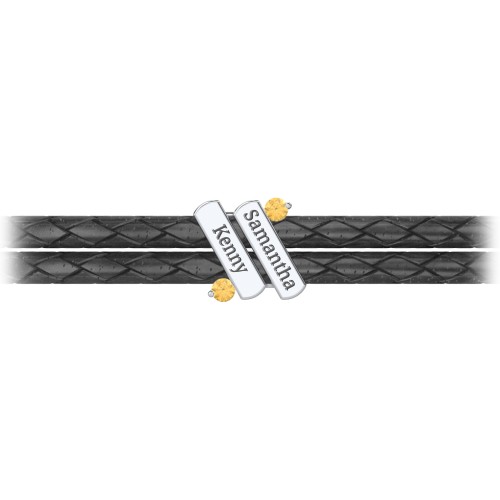 Engravable Sterling Silver Diagonal Bar Leather Bracelet with Gemstones – Sterling Silver with Citrine
