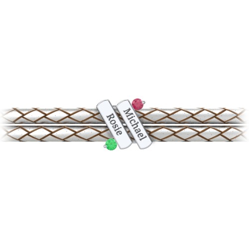 Engravable Sterling Silver Diagonal Bar Leather Bracelet with Gemstones