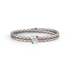 Engravable Sterling Silver Diagonal Bar Leather Bracelet with Gemstones – Sterling Silver with Ruby