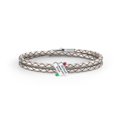Engravable Sterling Silver Diagonal Bar Leather Bracelet with Gemstones – Sterling Silver with Ruby and Emerald