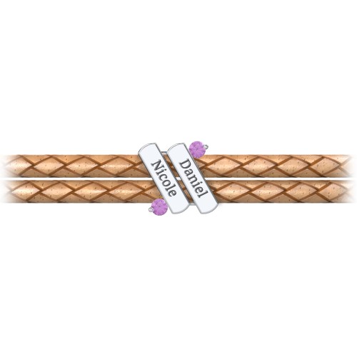 Engravable Sterling Silver Diagonal Bar Leather Bracelet with Gemstones – Sterling Silver with Amethyst