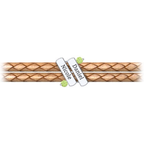Engravable Sterling Silver Diagonal Bar Leather Bracelet with Gemstones