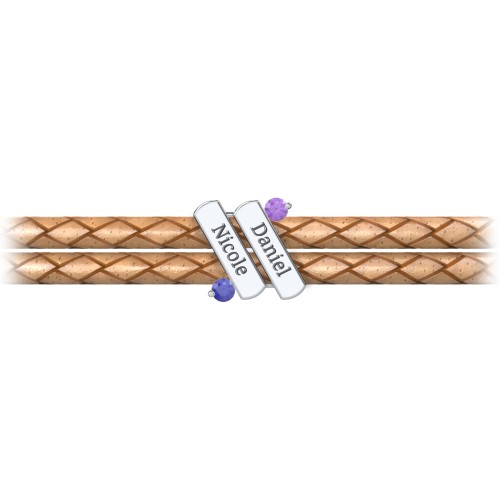 Engravable Sterling Silver Diagonal Bar Leather Bracelet with Gemstones – Sterling Silver with Amethyst and Blue Sapphire
