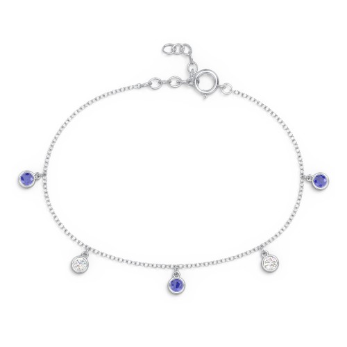 Bezel Set Gemstone Drop Bracelet - 5 Stone – Sterling Silver with Blue Sapphire and Cubic Zirconia