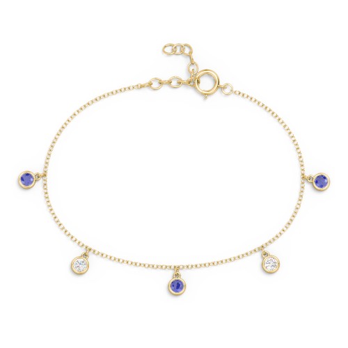 Bezel Set Gemstone Drop Bracelet - 5 Stone – 10K Yellow Gold with Blue Sapphire and Cubic Zirconia