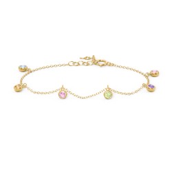 Bezel Set Gemstone Drop Bracelet - 6 Stone in 18K Gold Plated Silver with Blue Topaz, Citrine, Pink Tourmaline, Peridot, Amethyst Premium Zirconia, and Fancy Pink Premium Zirconia