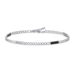 Engravable Bar Open Curb Bracelet with Black Enamel Bars in 925 Sterling Silver