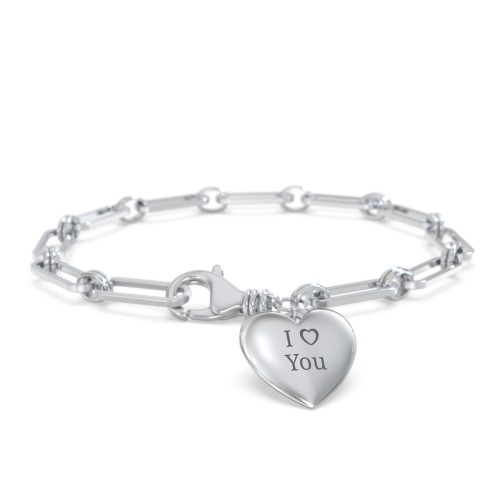 Engravable 7" Puffy Heart Paper Clip Chain Bracelet – Sterling Silver