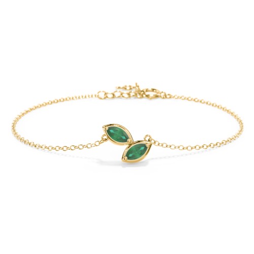 2 Marquise Birthstone Leaf Bracelet – 18K Gold Plated Silver with Emerald