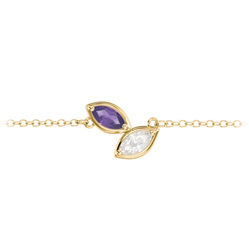 2 Marquise Birthstone Leaf Bracelet – 10K Yellow Gold with Amethyst and Cubic Zirconia