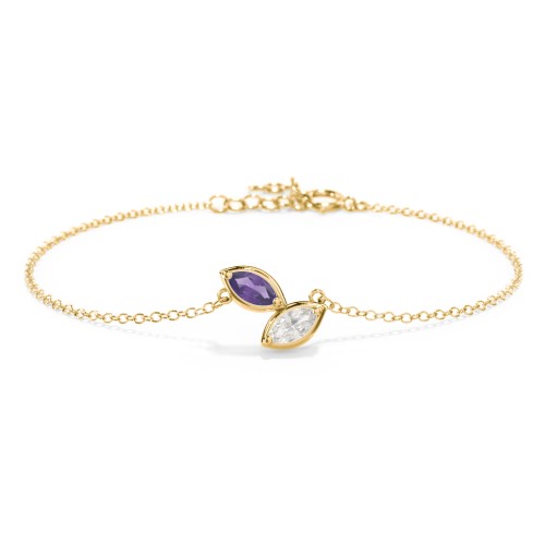 2 Marquise Birthstone Leaf Bracelet – 10K Yellow Gold with Amethyst and Cubic Zirconia