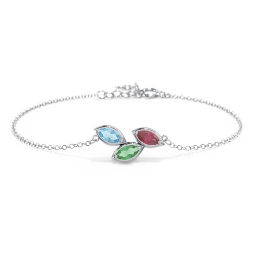 3 Marquise Birthstone Leaf Bracelet – Sterling Silver with Blue Topaz, Emerald, and Ruby