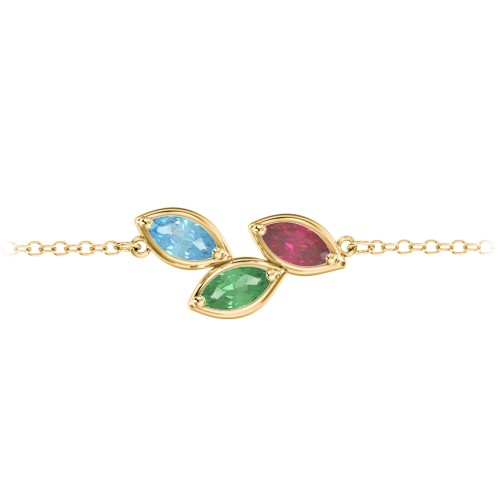 3 Marquise Birthstone Leaf Bracelet – 10K Yellow Gold with Blue Topaz, Emerald, and Ruby