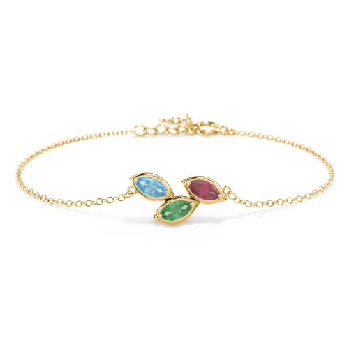 3 Marquise Birthstone Leaf Bracelet – 10K Yellow Gold with Blue Topaz, Emerald, and Ruby
