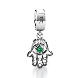 Protection Hamsa Bracelet Charm in 925 Sterling Silver with Emerald