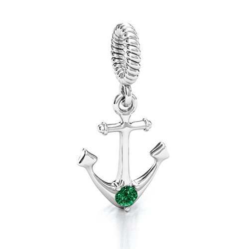 Anchor With Round Stone Bracelet Charm – Sterling Silver with Emerald