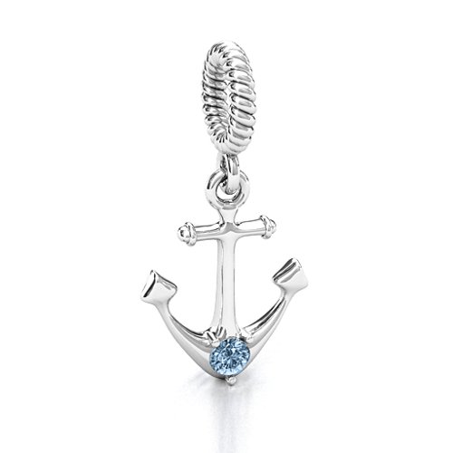 Anchor With Round Stone Bracelet Charm – Sterling Silver with Aquamarine