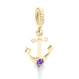 Anchor With Round Stone Bracelet Charm in 10K Solid Yellow Gold with Amethyst, Cubic Zirconia, Emerald, Citrine, and Pink Tourmaline