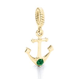 Anchor With Round Stone Bracelet Charm in 10K Solid Yellow Gold with Emerald, Cubic Zirconia, Citrine, and Pink Tourmaline
