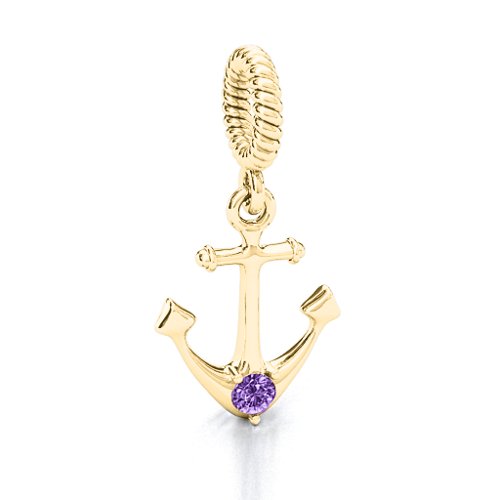 Anchor With Round Stone Bracelet Charm – 10K Yellow Gold with Amethyst
