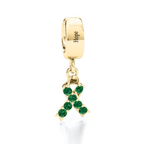 Awareness Ribbon Bracelet Charm – 10K Yellow Gold with Emerald