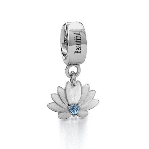 Splendid Lotus Flower Bracelet Charm – Sterling Silver with Aquamarine