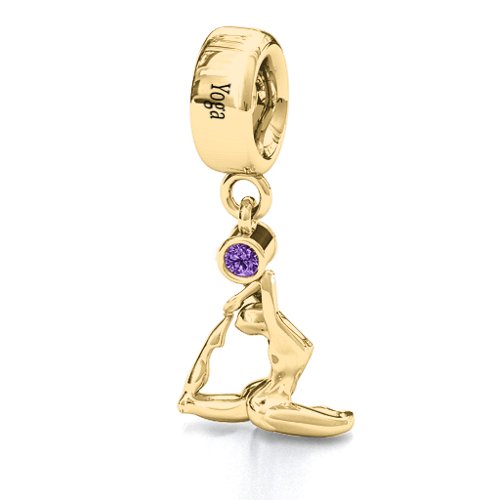 One Legged King Pigeon Yoga Bracelet Charm – 10K Yellow Gold with Amethyst
