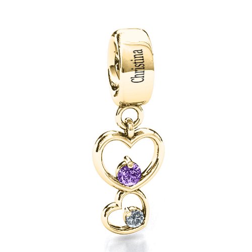 Double Heart Nest Bracelet Charm – 10K Yellow Gold with Amethyst and Cubic Zirconia