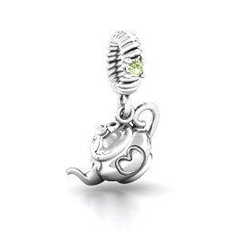 Teapot with Hearts Bracelet Charm in 925 Sterling Silver with Peridot