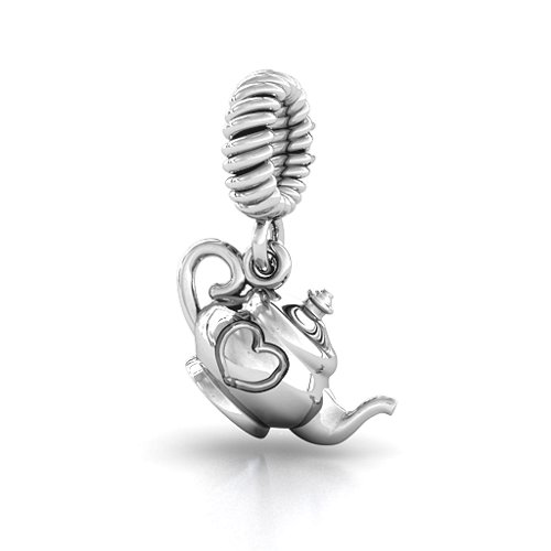 Teapot with Hearts Bracelet Charm – Sterling Silver with Cubic Zirconia