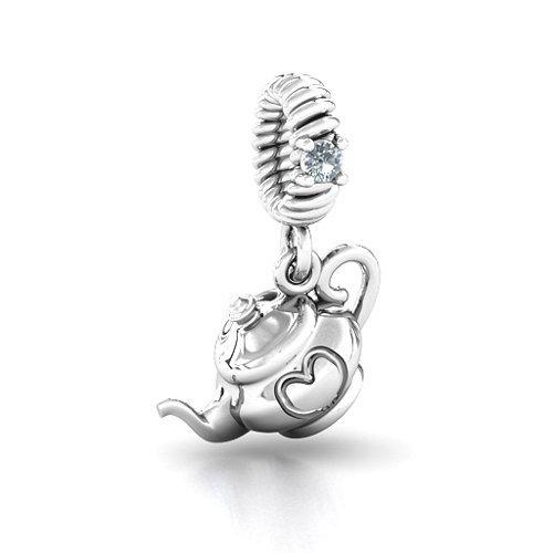 Teapot with Hearts Bracelet Charm – Sterling Silver with Cubic Zirconia