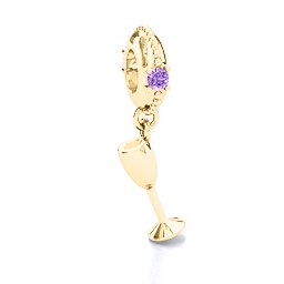 Raise Your Champagne Flute Bracelet Charm in 10K Solid Yellow Gold with Amethyst and Cubic Zirconia