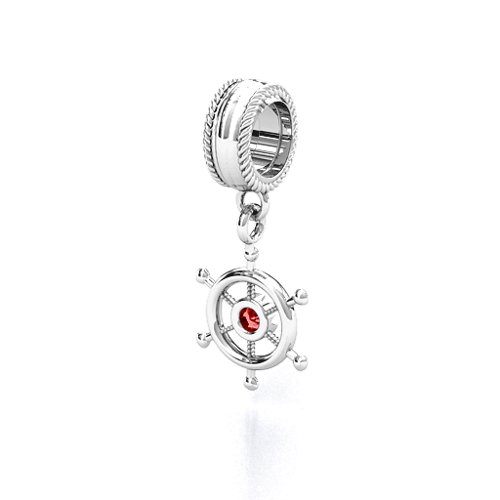 Ship's Wheel Bracelet Charm – Sterling Silver with Garnet