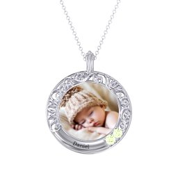 Round Engravable Filligree Photo Frame Necklace in 925 Sterling Silver with Peridot and Amethyst