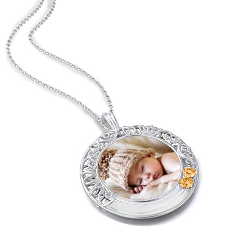 Round Engravable Filligree Photo Frame Necklace – Sterling Silver with Citrine