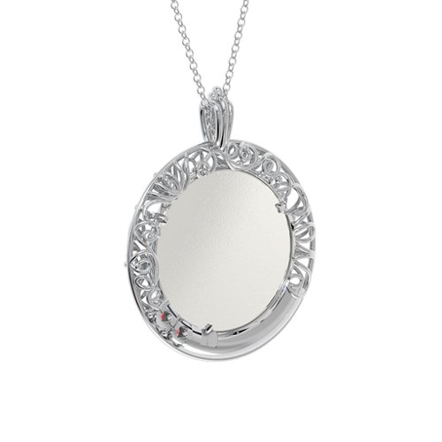 Round Engravable Filligree Photo Frame Necklace – Sterling Silver with Garnet