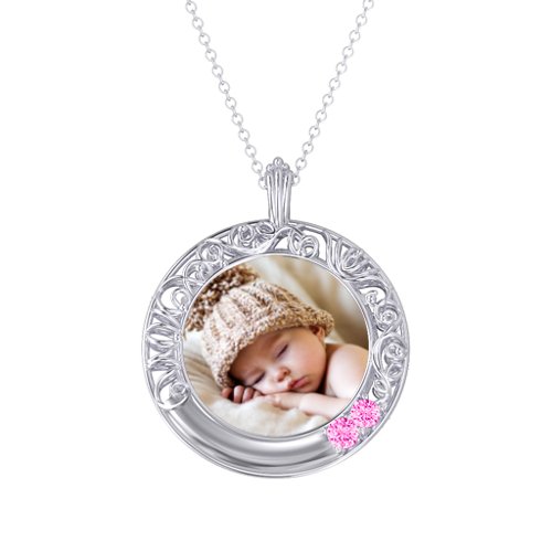 Round Engravable Filligree Photo Frame Necklace – Sterling Silver with Pink Tourmaline