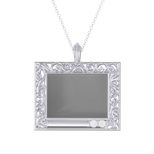 Rectangular Engravable Filligree Photo Frame Necklace – Sterling Silver with Opal