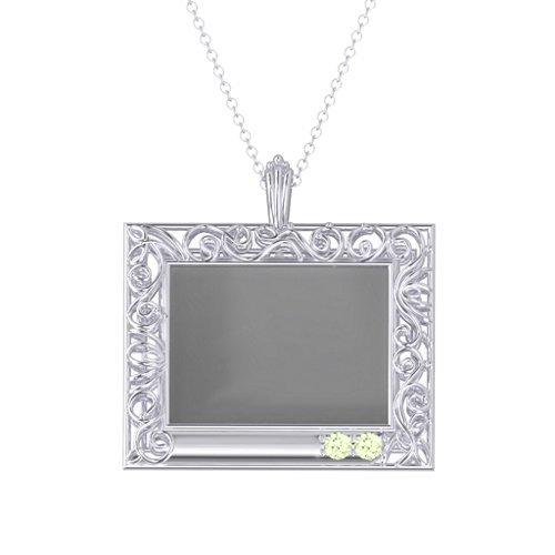 Rectangular Engravable Filligree Photo Frame Necklace – Sterling Silver with Peridot