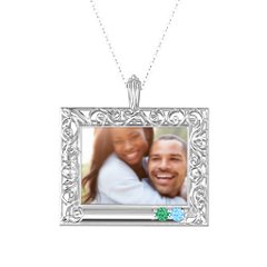 Rectangular Engravable Filligree Photo Frame Necklace – Sterling Silver with Amethyst and Cubic Zirconia