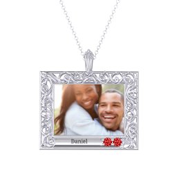 Rectangular Engravable Filligree Photo Frame Necklace in 925 Sterling Silver with Garnet and Amethyst