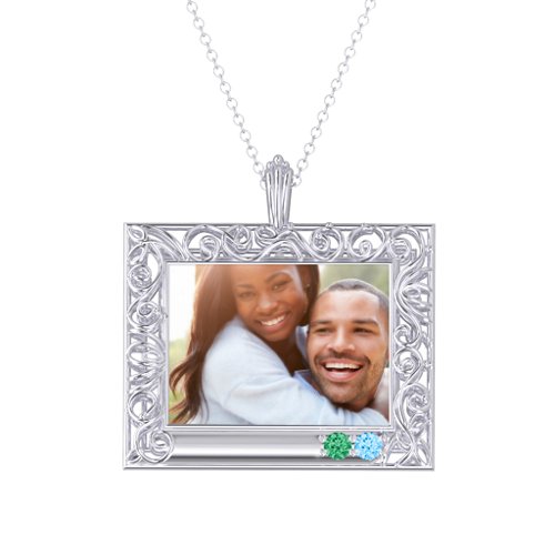 Rectangular Engravable Filligree Photo Frame Necklace – Sterling Silver with Emerald and Blue Topaz